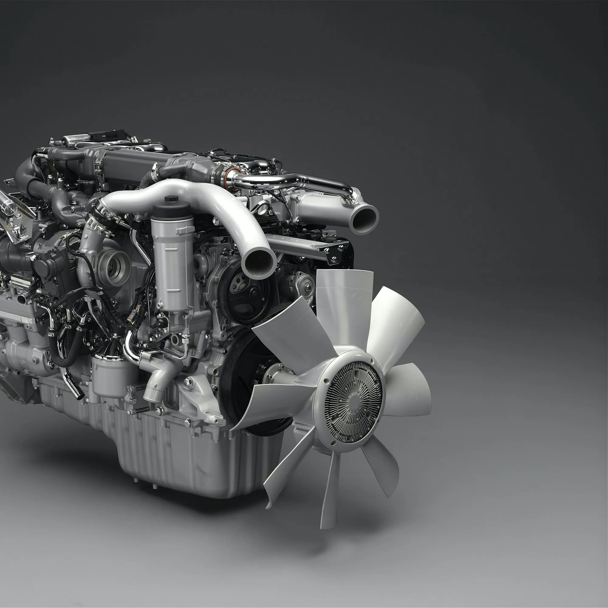Clean diesel engine with turbocharger and cooling fan