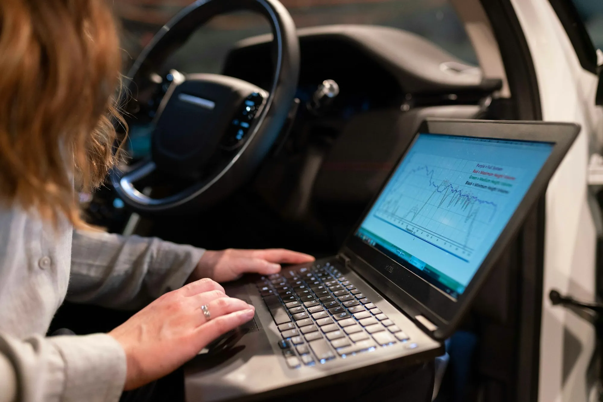 Person running vehicle diagnostics on a laptop inside a car