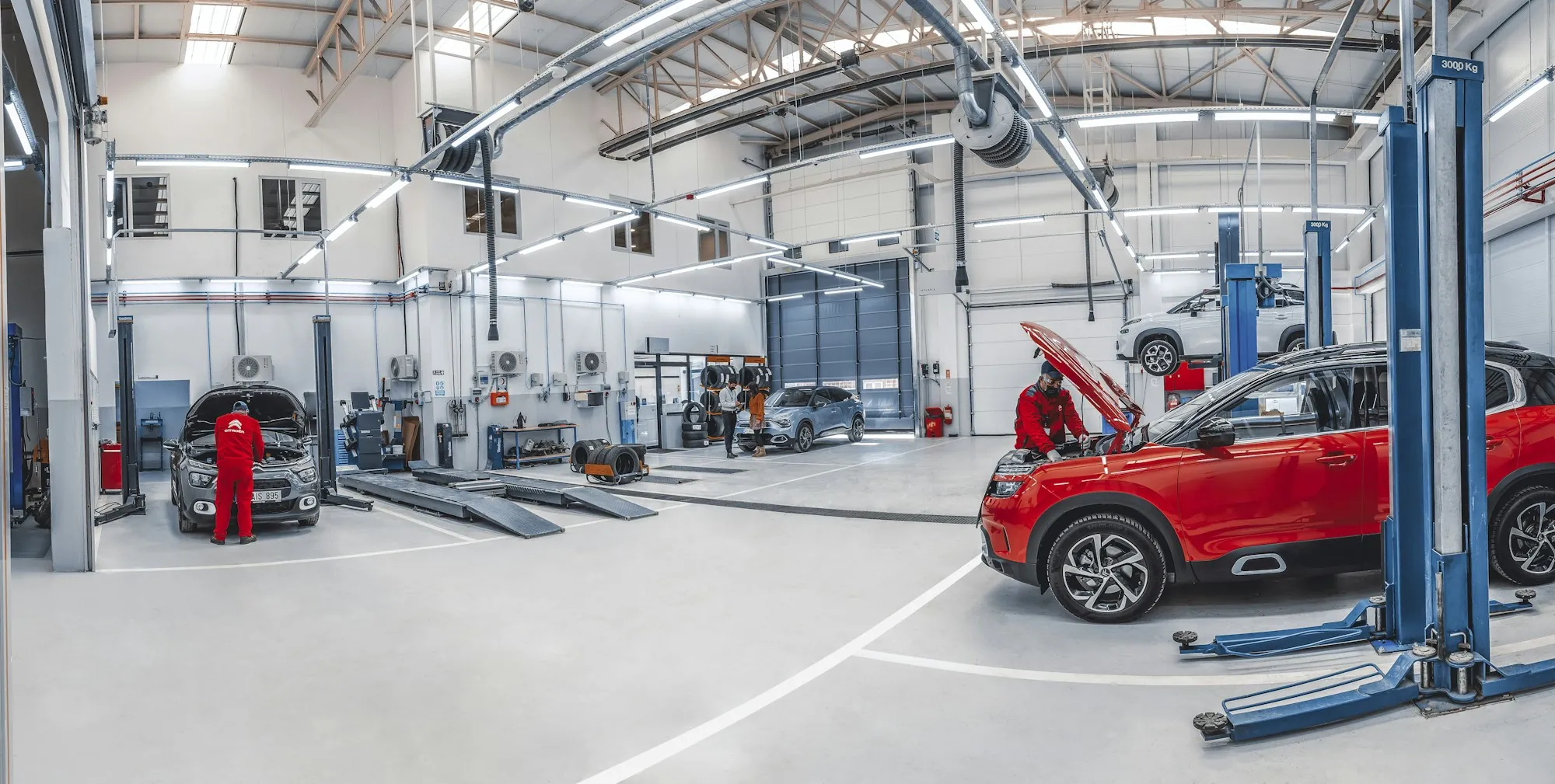 Bright, clean repair shop floor with vehicles on lifts